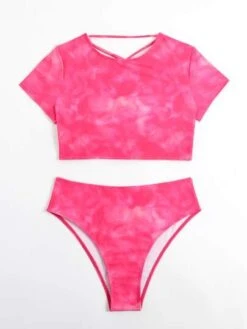 BOUDOIRCORE Tie Dye Bikini Set Short Sleeve Lace Up Backless Tee & High Waisted Bottom 2 Piece Bathing Suit -Shein Clothing Store 16737587003fd75e98110954fd932d70397d5c6dcf thumbnail 405x552
