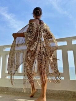 Zebra Striped Fringe Hem Kimono