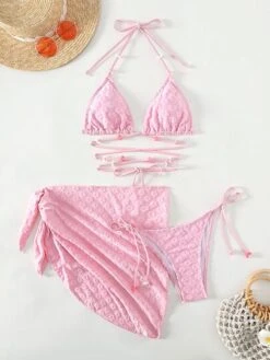 Floral Flocked Bikini Set Flower Beaded Halter Triangle Bra & Tie Side Bottom & Beach Skirt 3 Piece Bathing Suit -Shein Clothing Store 167539218478481e651d44dfdb806c9b2bac2ff1ce thumbnail 405x552