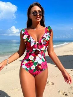 Floral Print Ruffle Trim One Piece Swimsuit -Shein Clothing Store 167627077107c7e3bc965398eb8079b03e230f6994 thumbnail 405x552