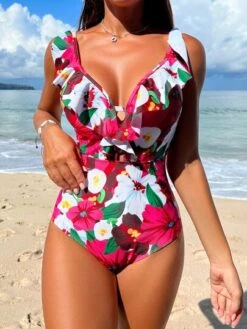 Floral Print Ruffle Trim One Piece Swimsuit -Shein Clothing Store 1676270774d158685a9d7d553f2d750cb734f6083b thumbnail 405x552