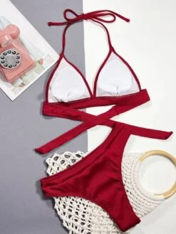 Solid Criss Cross Back Bikini Swimsuit