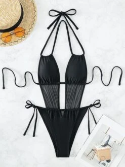 Contrast Mesh Tie Halter One Piece Swimsuit -Shein Clothing Store 1677462206b583f1996b1b8329d7674591e49f702c thumbnail 405x552