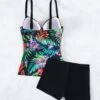 Tropical Print Tankini Set Push Up Underwire Swim Cami Top & Shorts 2 Piece Bathing Suit