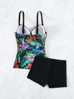 Tropical Print Tankini Set Push Up Underwire Swim Cami Top & Shorts 2 Piece Bathing Suit