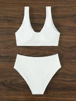 Plain Ribbed High Waisted Bikini Swimsuit