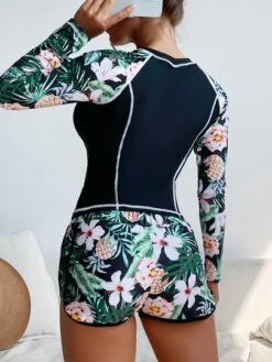 Tropical Print High Neck Bikini Swimsuit With Long Sleeve Swim Shirt