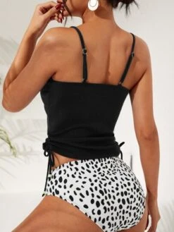 Dalmatian Print Ribbed Tankini Set Drawstring Side Cami Top & High Waisted Bottom 2 Piece Bathing Suit