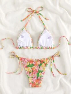 Floral Print Halter Triangle Bikini Swimsuit