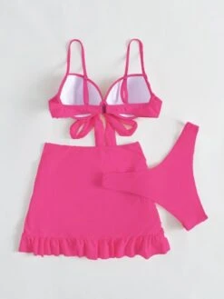 Solid Bikini Set Knot Front Push Up Bra & High Cut Bottom & Ruched Beach Skirt 3 Piece Bathing Suit