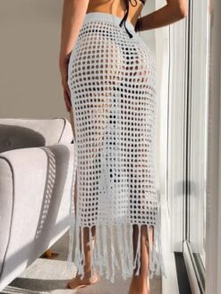Hollow Out Fringe Trim Crochet Beach Skirt