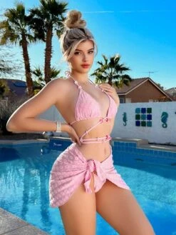 Floral Flocked Bikini Set Flower Beaded Halter Triangle Bra & Tie Side Bottom & Beach Skirt 3 Piece Bathing Suit -Shein Clothing Store 16786739046772acf3e64bf3ae48db589457a48eb2 thumbnail 405x552