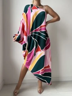 Allover Print One Shoulder Cover Up Dress