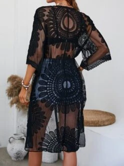 Embroidery Mesh Belted Kimono Without Bikini