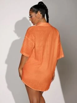 Solid Sheer Mesh Shirt & Drawstring Waist Shorts Cover Up Set Without Bra