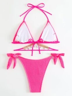 Textured Bikini Set Rhinestone Chain Decor Triangle Bra Top & Tie Side Bikini Bottom 2 Piece Swimsuit