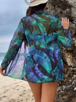Tropical Print Knot Front Bikini Swimsuit With Kimono