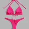 Solid Bikini Set Halter Triangle Bra & Thong 2 Piece Bathing Suit