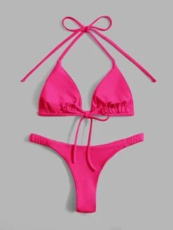 Solid Bikini Set Halter Triangle Bra & Thong 2 Piece Bathing Suit
