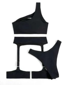 BOUDOIRCORE Solid Bikini Set Cut Out One Shoulder Top & Bikini Bottom & Leg Garter 3 Piece Swimsuit