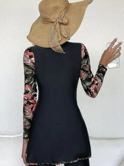 Tropical Print Zipper Front Ruffle Hem Tankini Swim Shirt With Long Sleeve