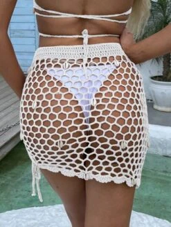 Hollow Out Drawstring Side Crochet Cover Up Skirt Without Bikini