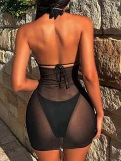 Lace Up Halter Triangle Bikini Swimsuit With Cover Up Dress