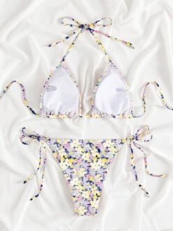 Ditsy Floral Print Halter Triangle Tie Side Bikini Swimsuit