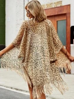 Leopard Print Batwing Sleeve Fringe Hem Kimono