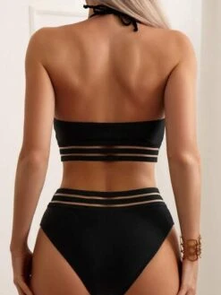 BOUDOIRCORE Contrast Mesh Halter Bikini Swimsuit
