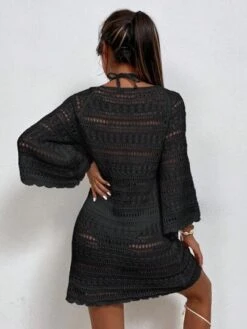 Hollow Out Scallop Trim Flounce Sleeve Cover Up Dress Without Bikini Set