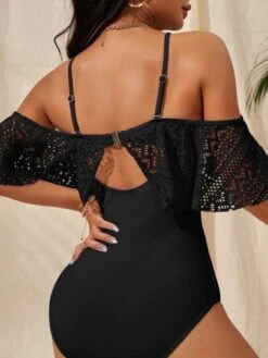 Contrast Lace Ruffle Trim Cold Shoulder One Piece Swimsuit