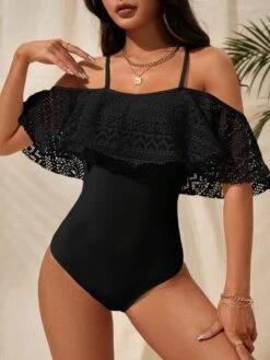 Contrast Lace Ruffle Trim Cold Shoulder One Piece Swimsuit -Shein Clothing Store 1681954489b20067387af2fe37544387f6e2d4cb3c thumbnail 405x552
