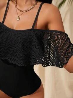 Contrast Lace Ruffle Trim Cold Shoulder One Piece Swimsuit -Shein Clothing Store 1681954492334b999ced25445ed4b9657a29280d2e thumbnail 405x552