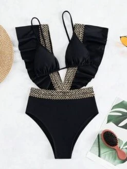 Ruffle Trim Plunging One Piece Swimsuit