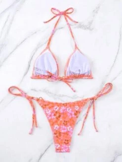Floral Print Halter Triangle Tie Side Bikini Swimsuit