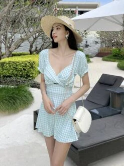 Gingham Puff Sleeve One Piece Swimsuit -Shein Clothing Store 1682242795a45ec5fe45babd7cbeb6056346a913d0 thumbnail 405x552