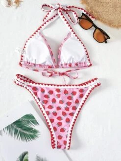 Bikinx Strawberry Print Halter Triangle Bikini Swimsuit