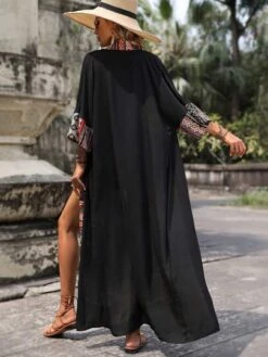 Geo Print Batwing Sleeve Open Front Kimono