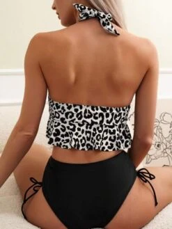 Leopard Print Drawstring Side Halter Bikini Swimsuit