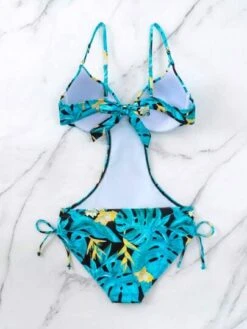 Tropical Print Cut Out Tie Side One Piece Swimsuit