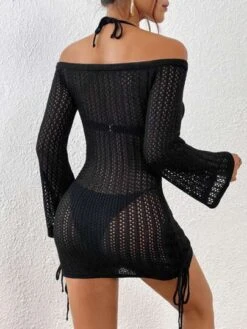 SHEIN VCAY Hollow Out Drawstring Side Off Shoulder Cover Up Dress Without Bikini Set