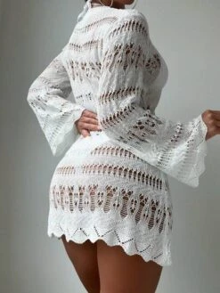 Hollow Out Scallop Trim Flounce Sleeve Cover Up Dress