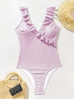 Striped Ruffle Trim One Piece Swimsuit -Shein Clothing Store 16829978893d6643b58c603f23eb599f9427691a88 thumbnail 405x552