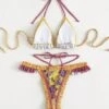 Geometric & Paisley Print Bikini Set Frill Trim Triangle Bra Top & Thong 2 Piece Bathing Suit