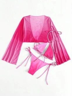 Tie Front Halter Bikini Swimsuit With Cover Up