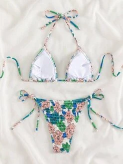 Floral Print Smocked Halter Triangle Bikini Swimsuit
