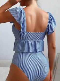 Striped Ruffle Trim High Waisted Bikini Swimsuit