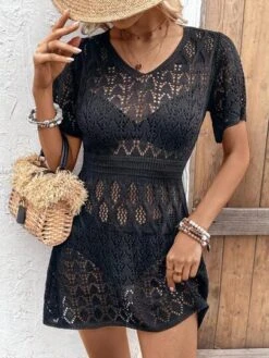 Knit Mix Solid Hollow Out Cover Up Dress -Shein Clothing Store 168372796984c85bec6df76382b72b9012b61a54df thumbnail 405x552