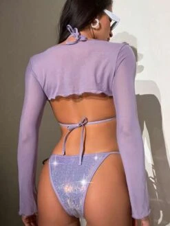 Sequin Halter Triangle Bikini Swimsuit With Cover Up